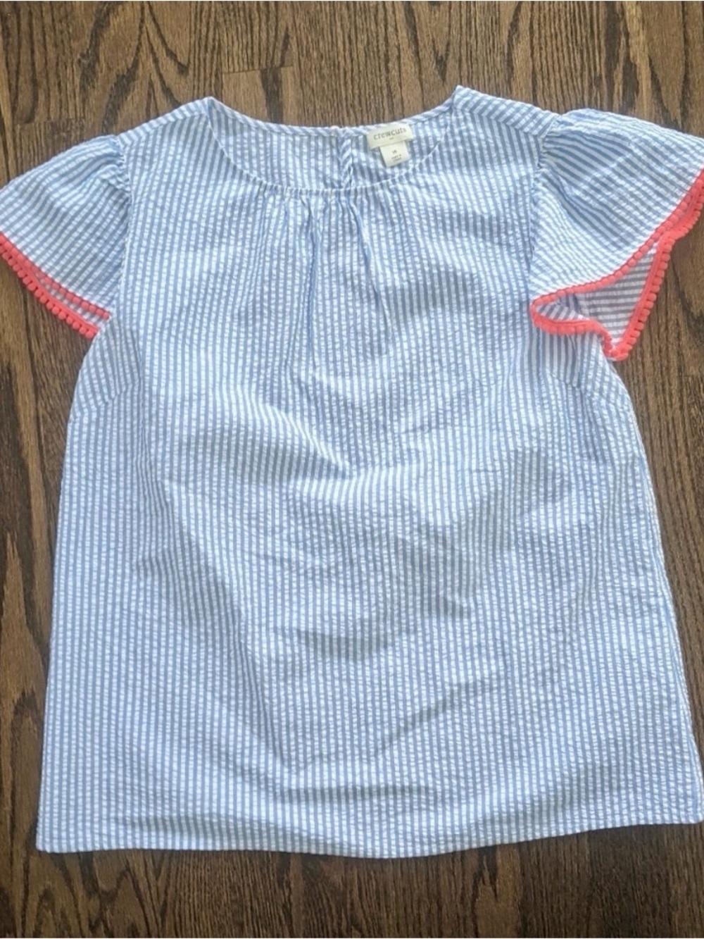 Girls J. Crew Crewcuts Blue Striped Seersucker Top w/ Coral Trim. Size 16.